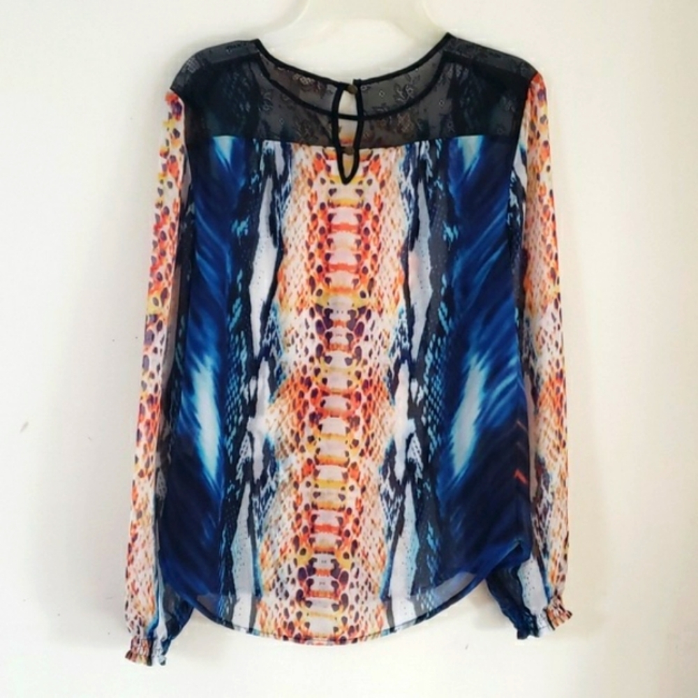 PHILOSOPHY Snake-Print Semi-sheer Multicolor Black Shoulder Lace Trim Top XS - Picture 3 of 16